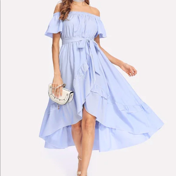 amourOC Dresses & Skirts - Bardot High Low Ruffle Trim Dress Blue/White